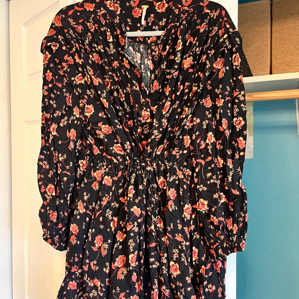 Free People Flowy Black and Red Floral Dress